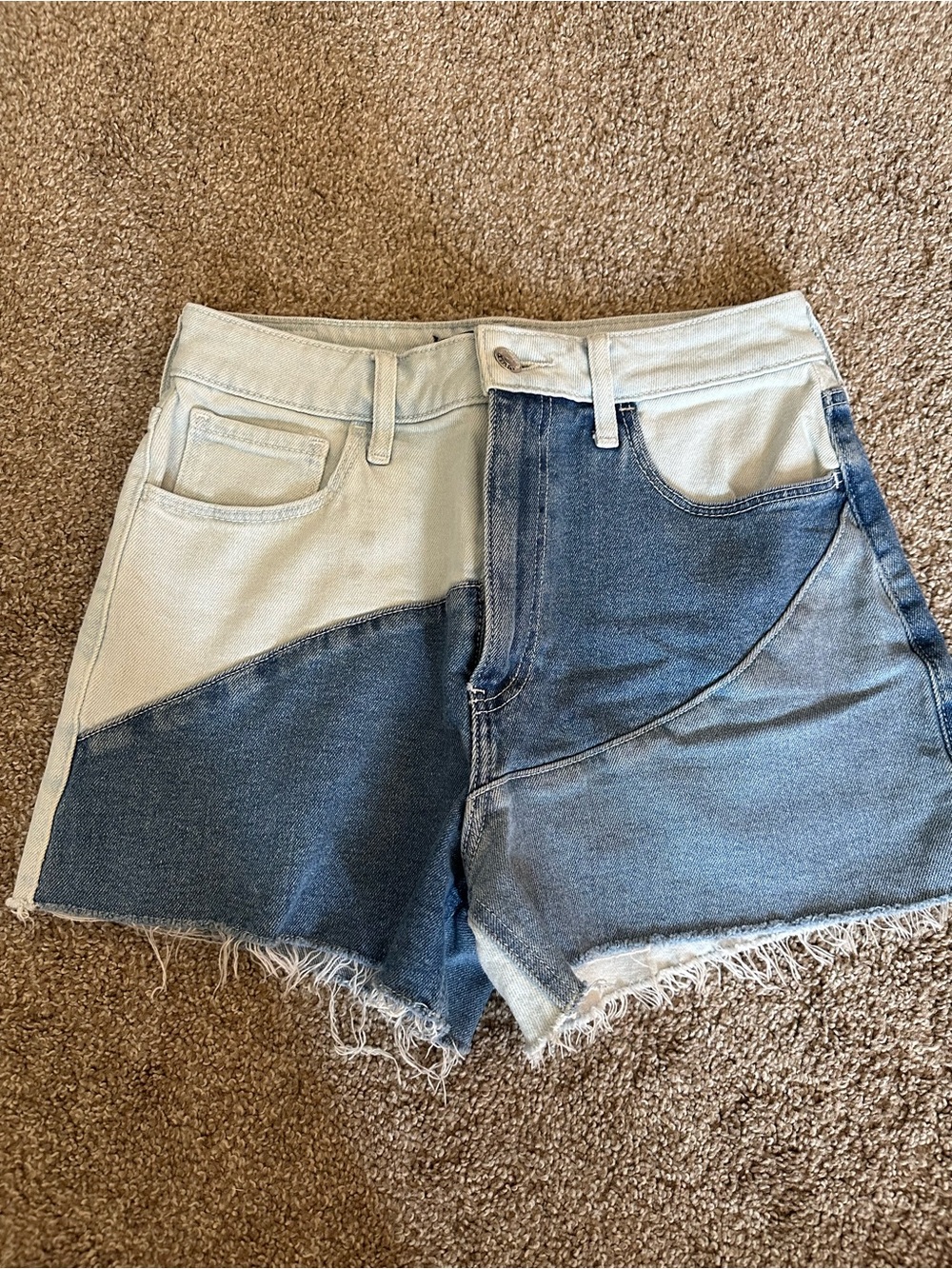Hollister Two-Tone Patchwork Denim Shorts in Cream & Blue